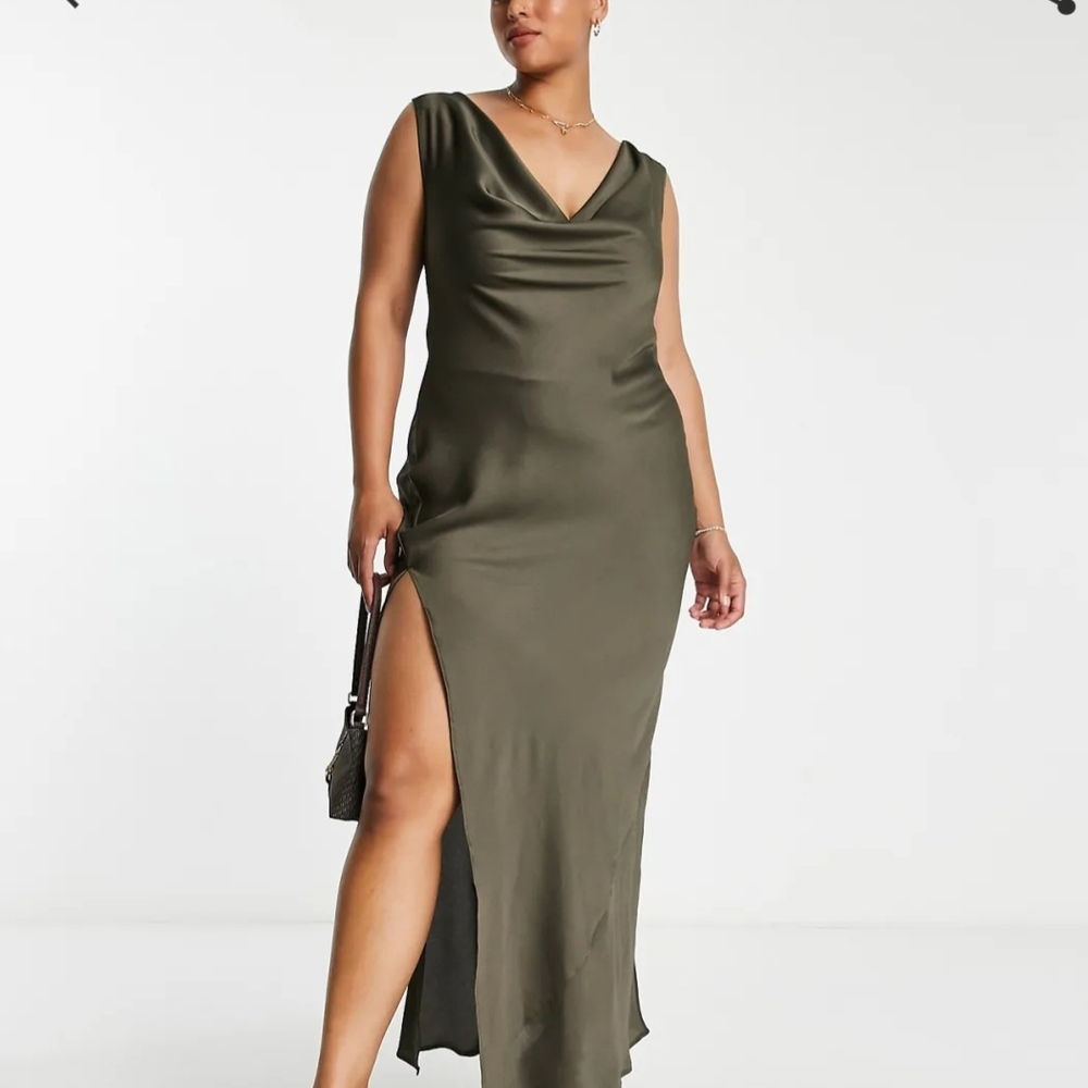 ASOS DESIGN Curve cowl neck cami beach in maxi dress khaki